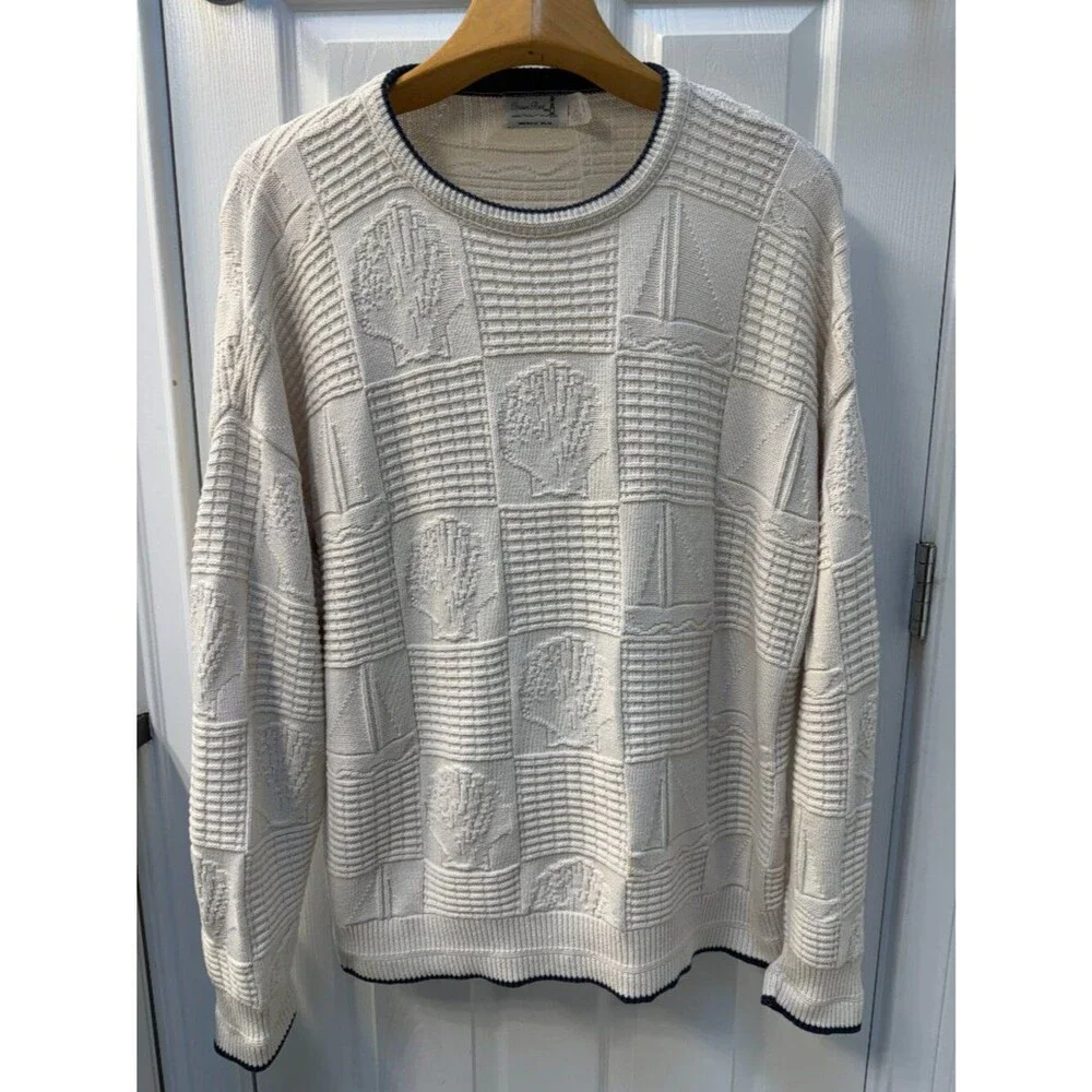 Vintage Crown Point Cotton Nautical Sweater U.S.A Sailboats Seashells Cream XXL